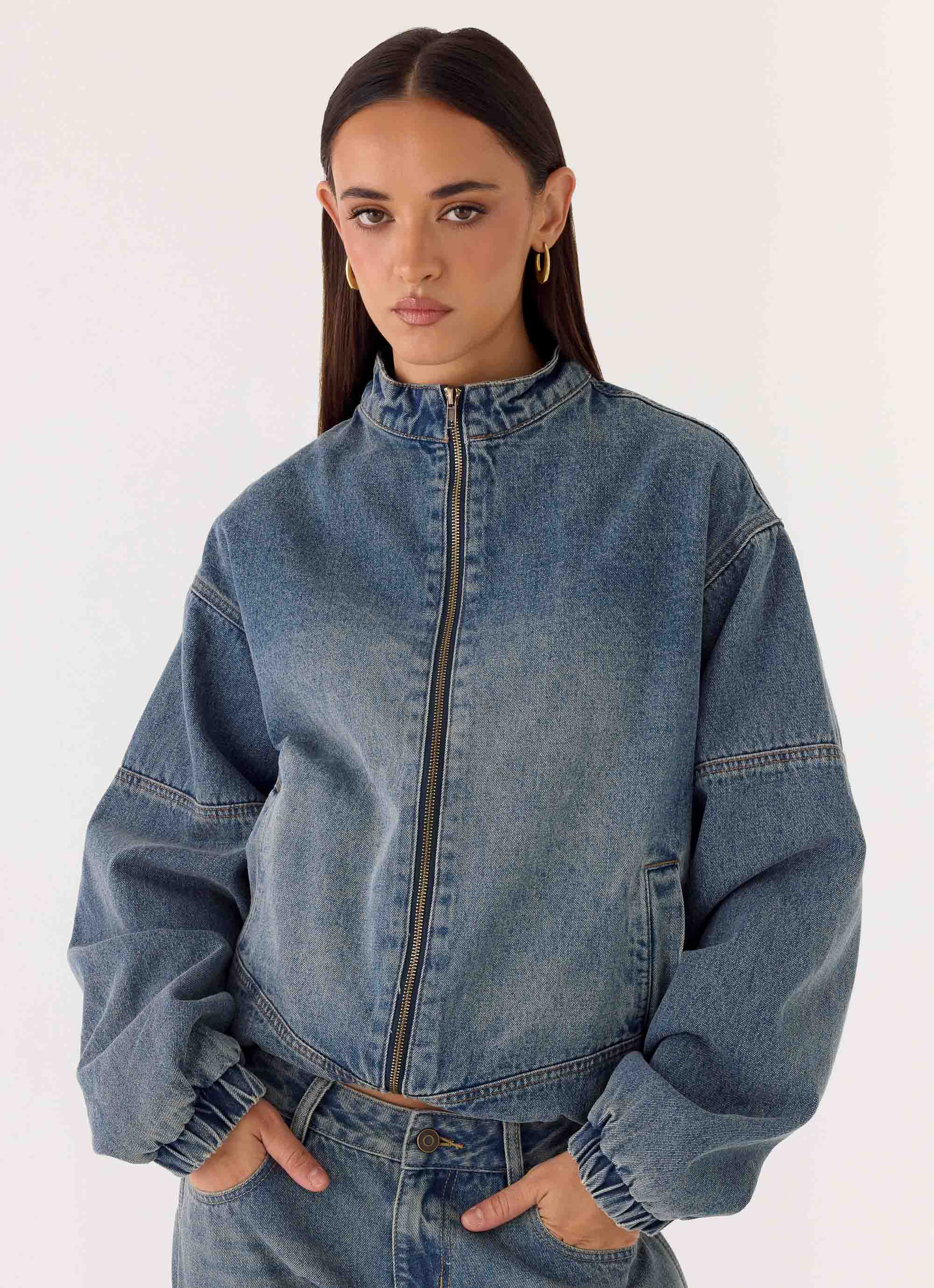 Waylon Denim Bomber Jacket Mid Wash Blue