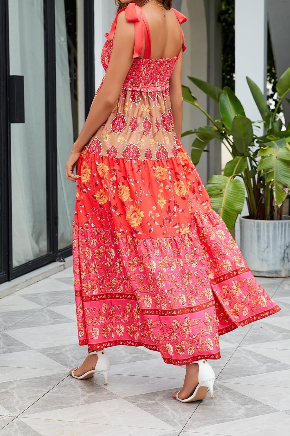 Women Floral Maxi Dress Tie Shoulder Patchwork Smocked Flowy Boho Dress with Pockets Summer Vacation Sundress