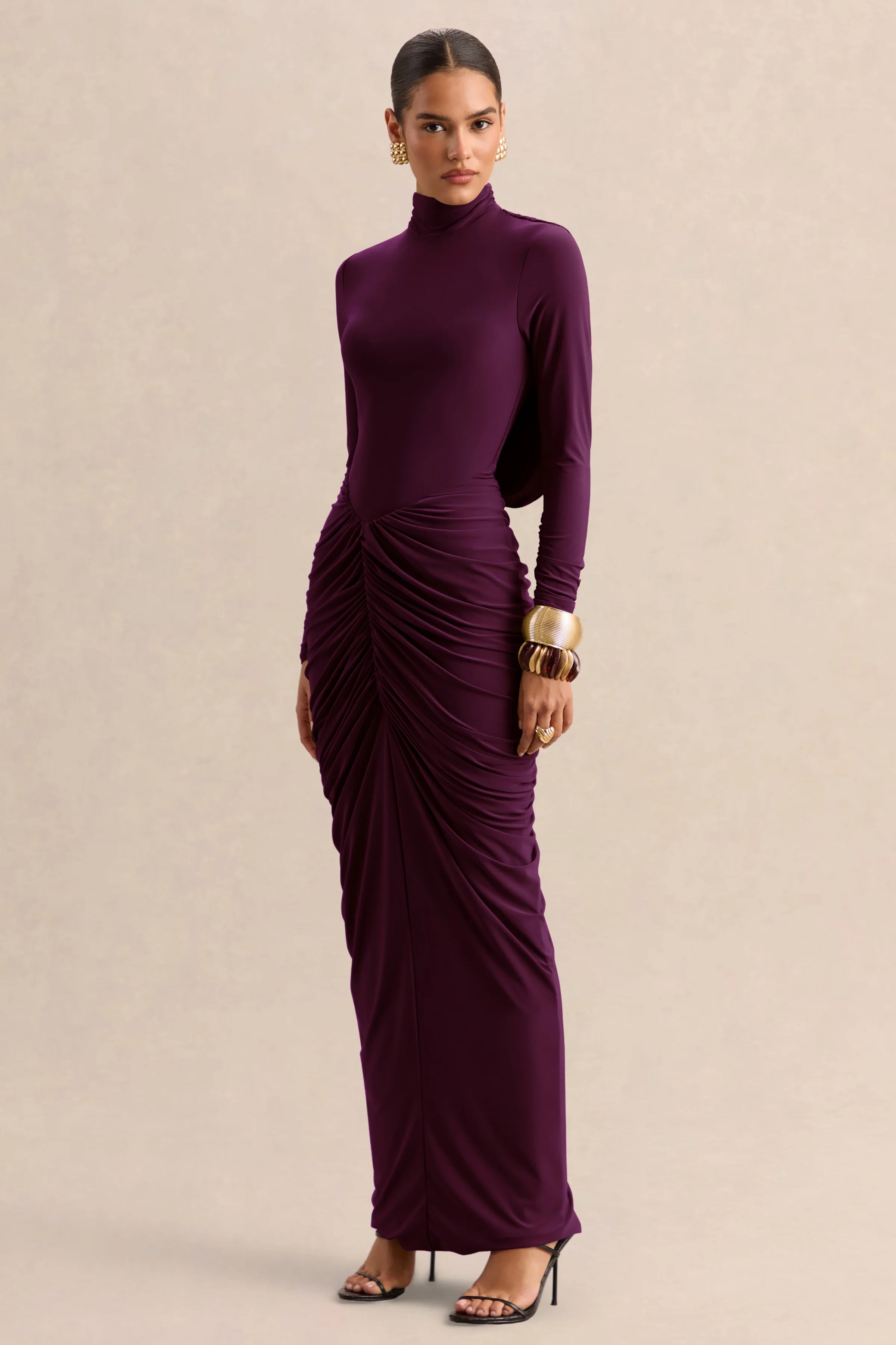Harmona Dark Plum High Neck Maxi Dress With Gathered And Draped Detailing