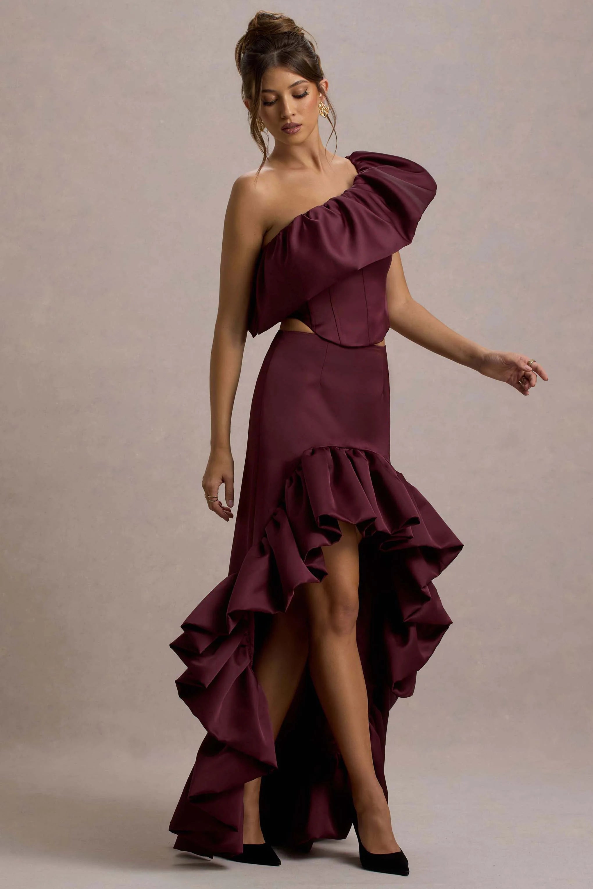 Ruby Merlot Satin High Low Maxi Skirt