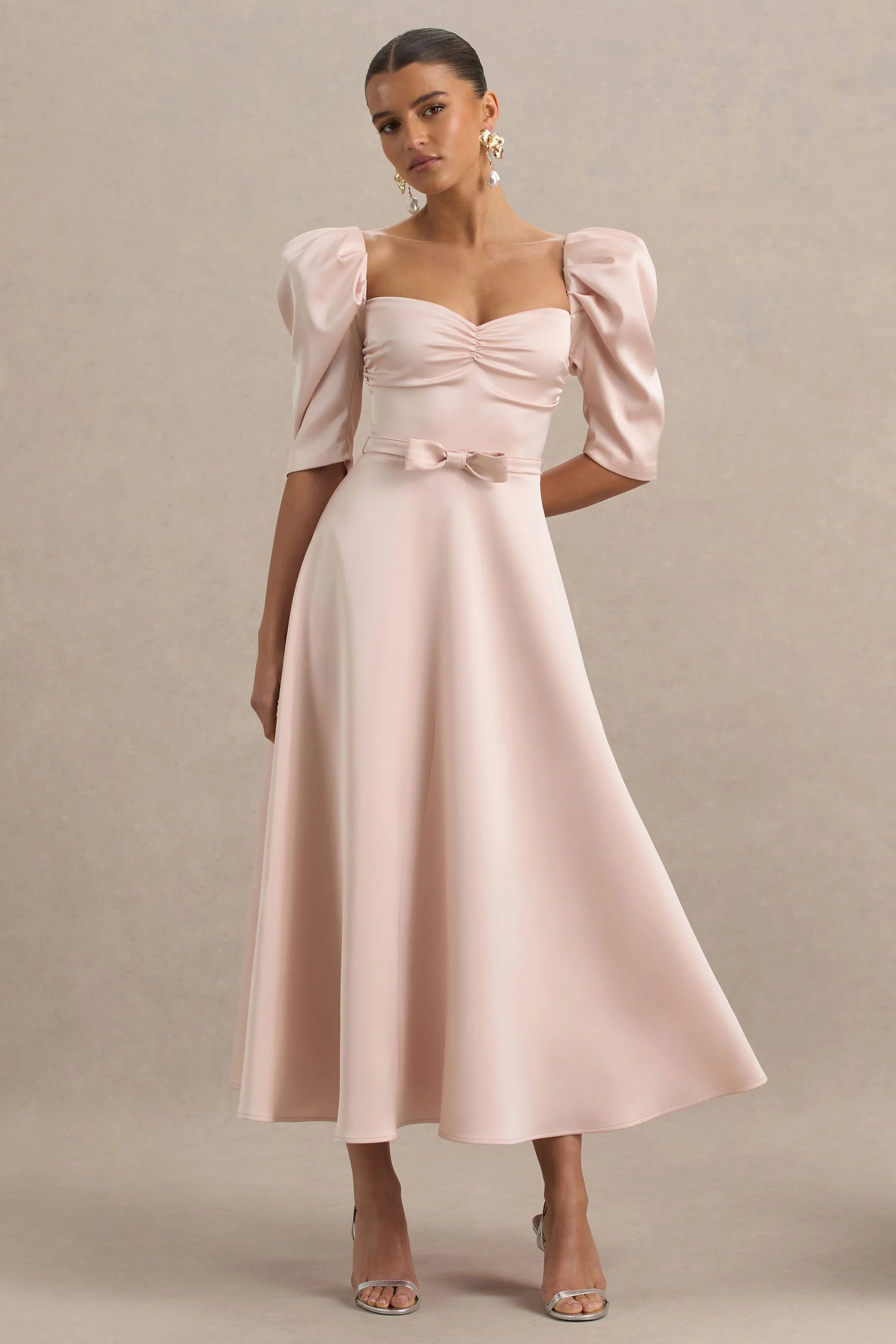 Rosey Pale Pink Satin Sweetheart Midi Dress