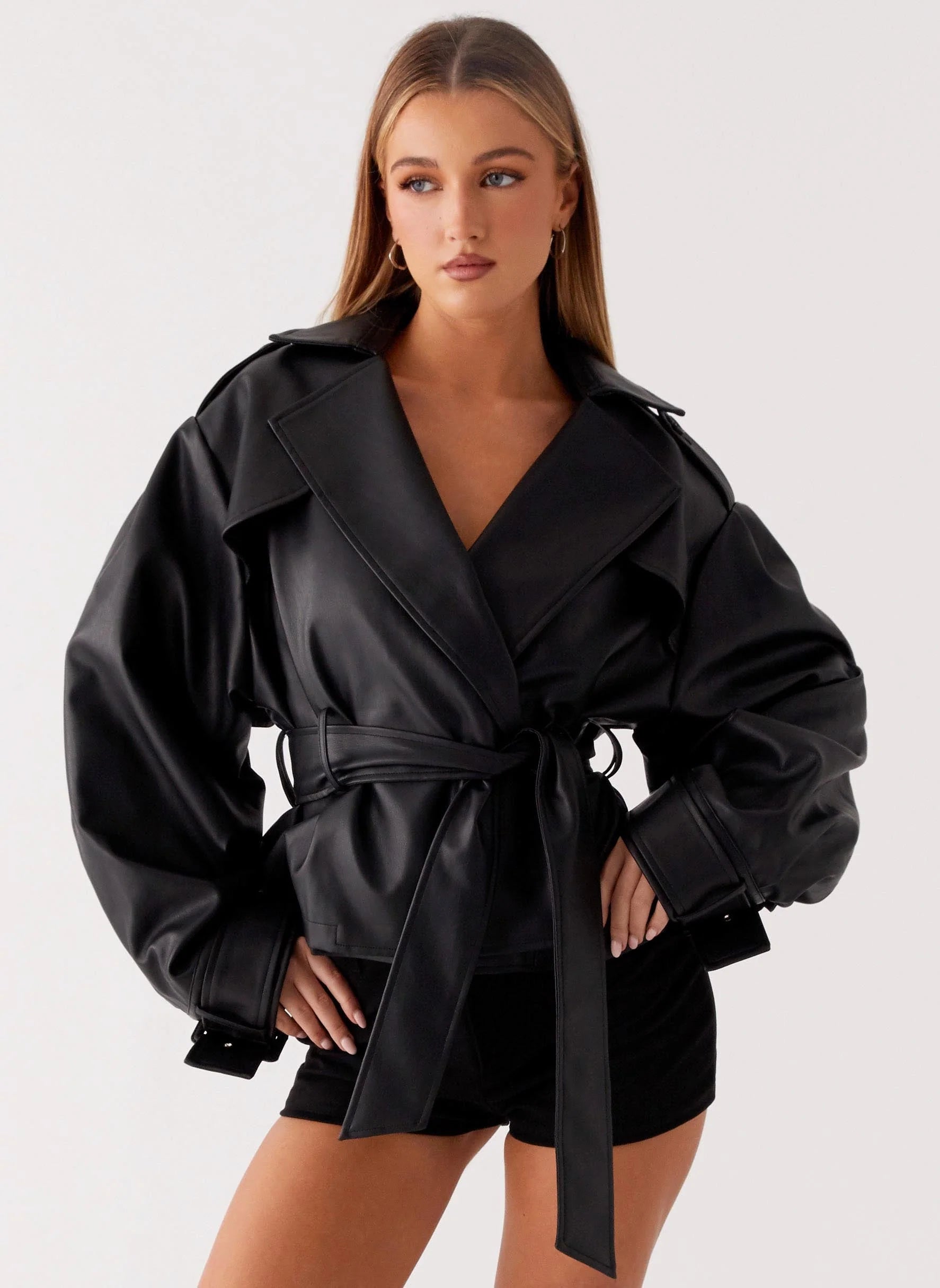 Midtown Faux Leather Trench Black