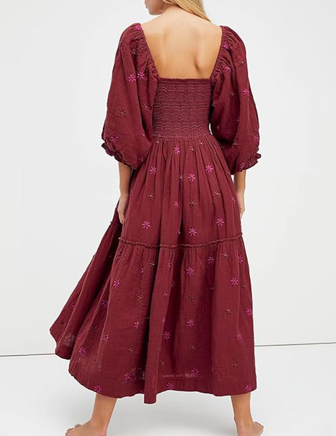 Women Floral Embroidered Maxi Dress Long Puff Sleeve Square Neck Bohemian Flowy Dress with Pockets Summer Fall