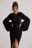 Lennox Black Drape Sleeve Gathered Midi Dress