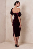 High End Burgundy Velvet Asymmetric Neck Midi Dress With Draped Detailing