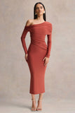 Elliora Rust Asymmetric Neck Midi Dress