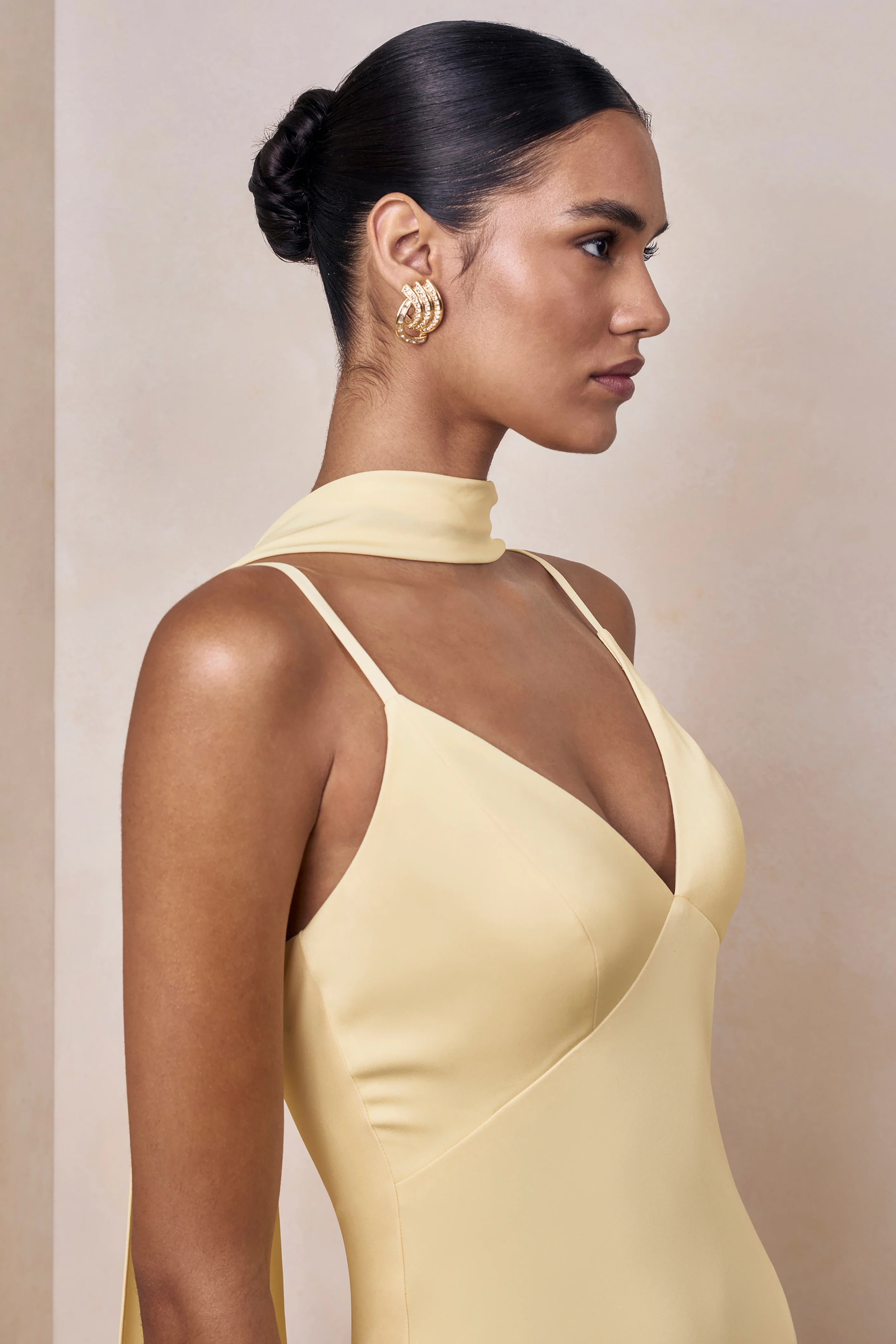 Starling Lemon Matte Satin Plunge Neck Maxi Dress With Scarf Detail