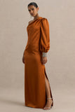 Thelma Orange Satin Asymmetric Maxi Dress With One Sleeve