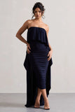 Upon A Time Navy Ruched Bandeau Midi Dress With Cape