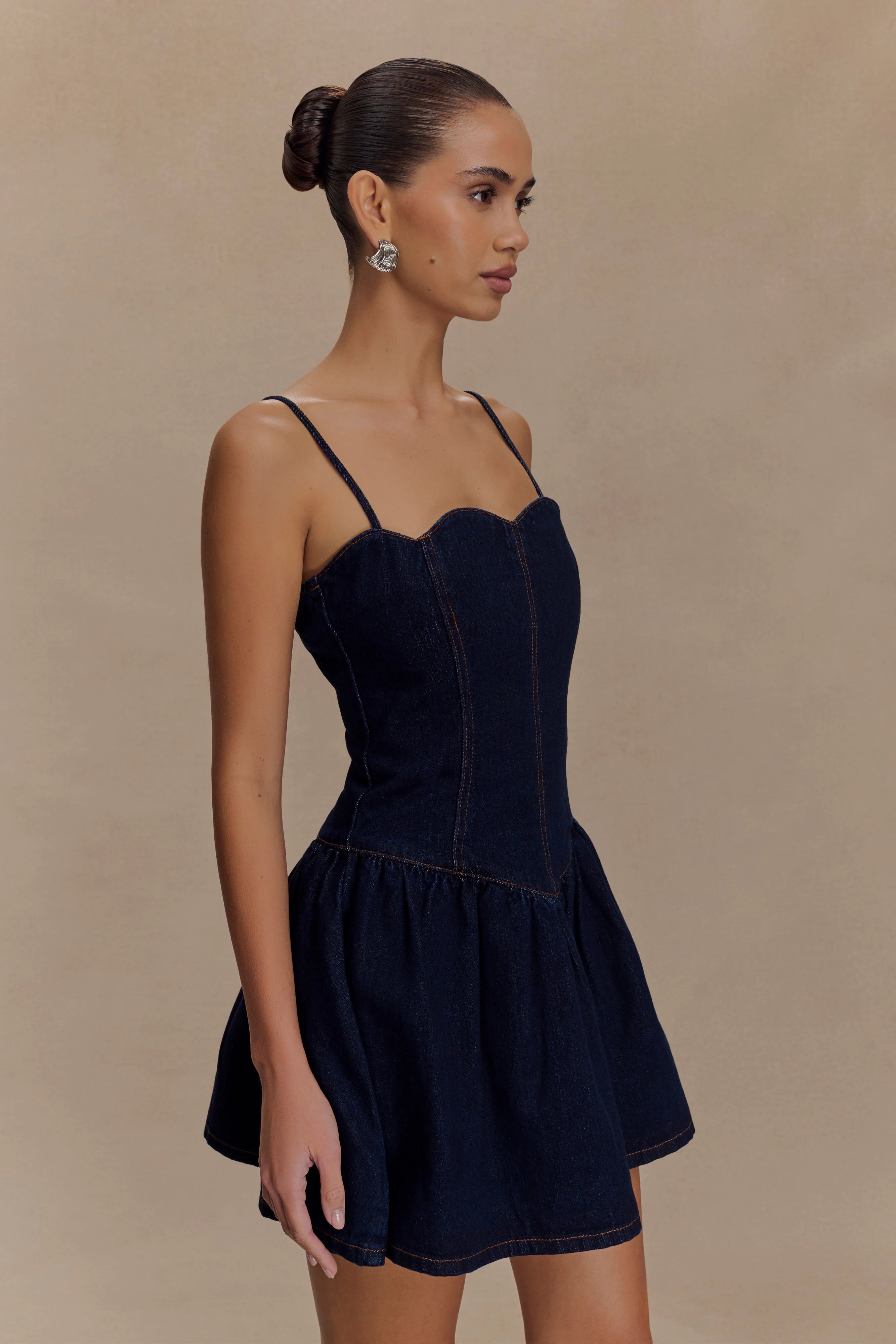 Cheyenne Scallop Denim Mini Dress Indigo Blue