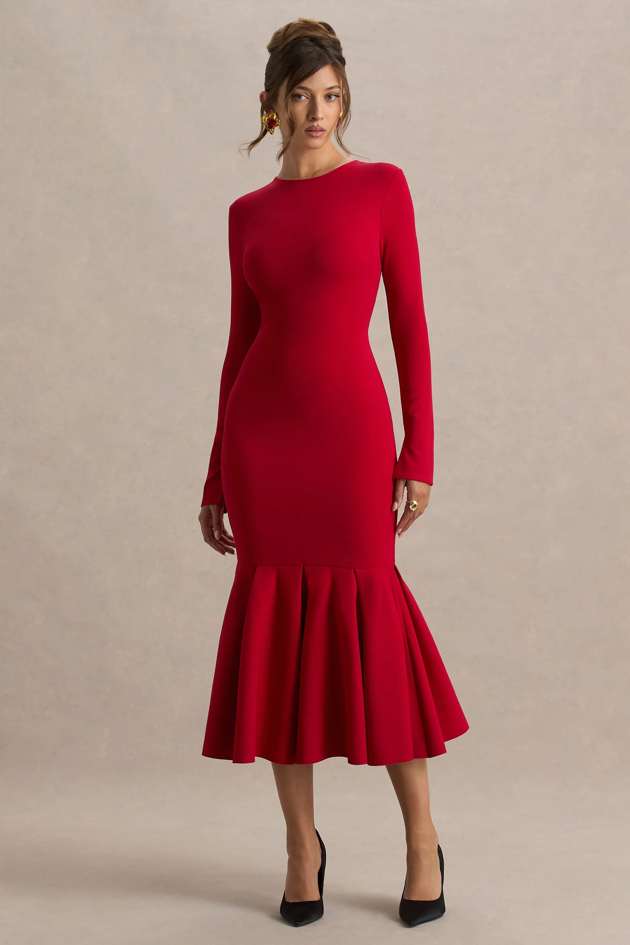 Liberty Red High Neck Mermaid Midi Dress With Ruffling Detail