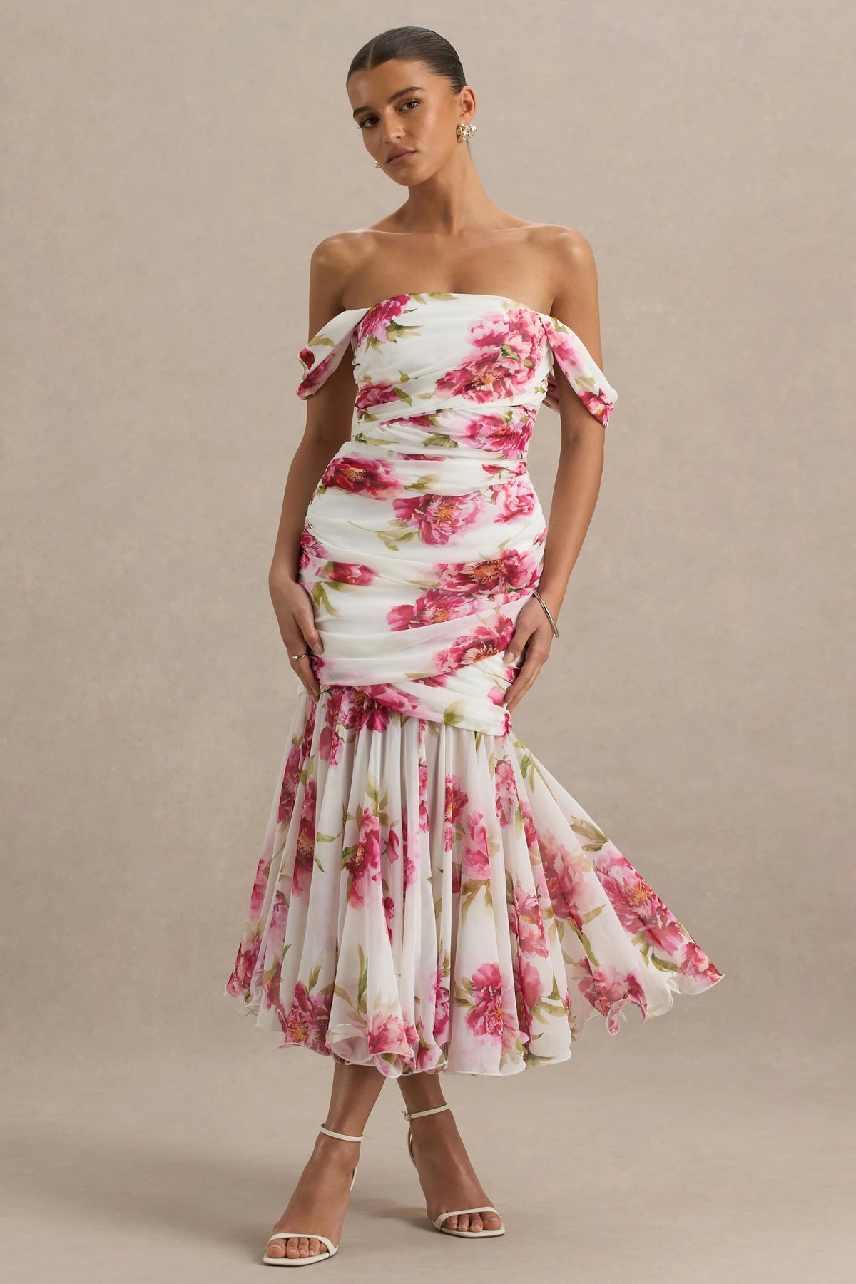 Madelyn Cream Floral Print Short Sleeve Bardot Wrap Maxi Dress With Ruching