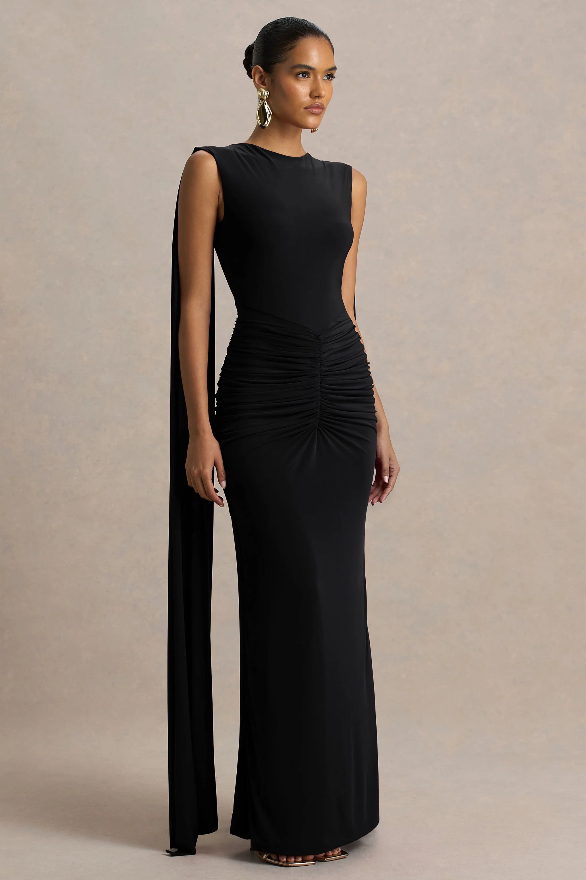 Premiere Black Boat Neck Maxi Dress With Open Back And Cape Sleeves