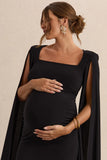 Flawless Black Square Neck Maternity Midi Dress With Cape Sleeves