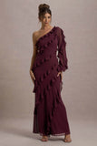 Lalika Burgundy Asymmetric One Sleeve Ruffle Maxi Dress