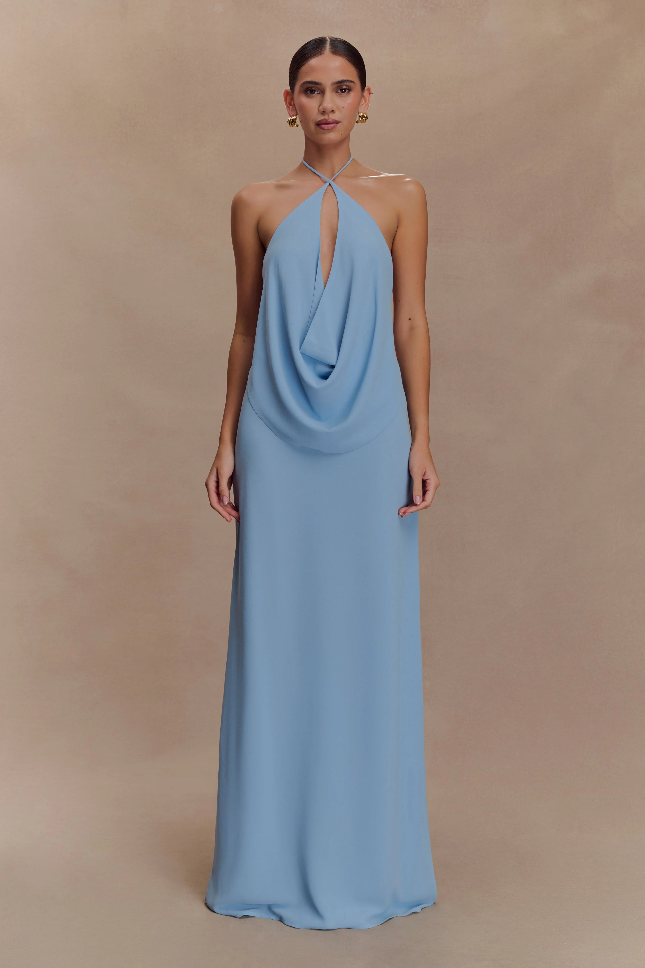 Katalina Chiffon Cowl Halter Top Sky Blue