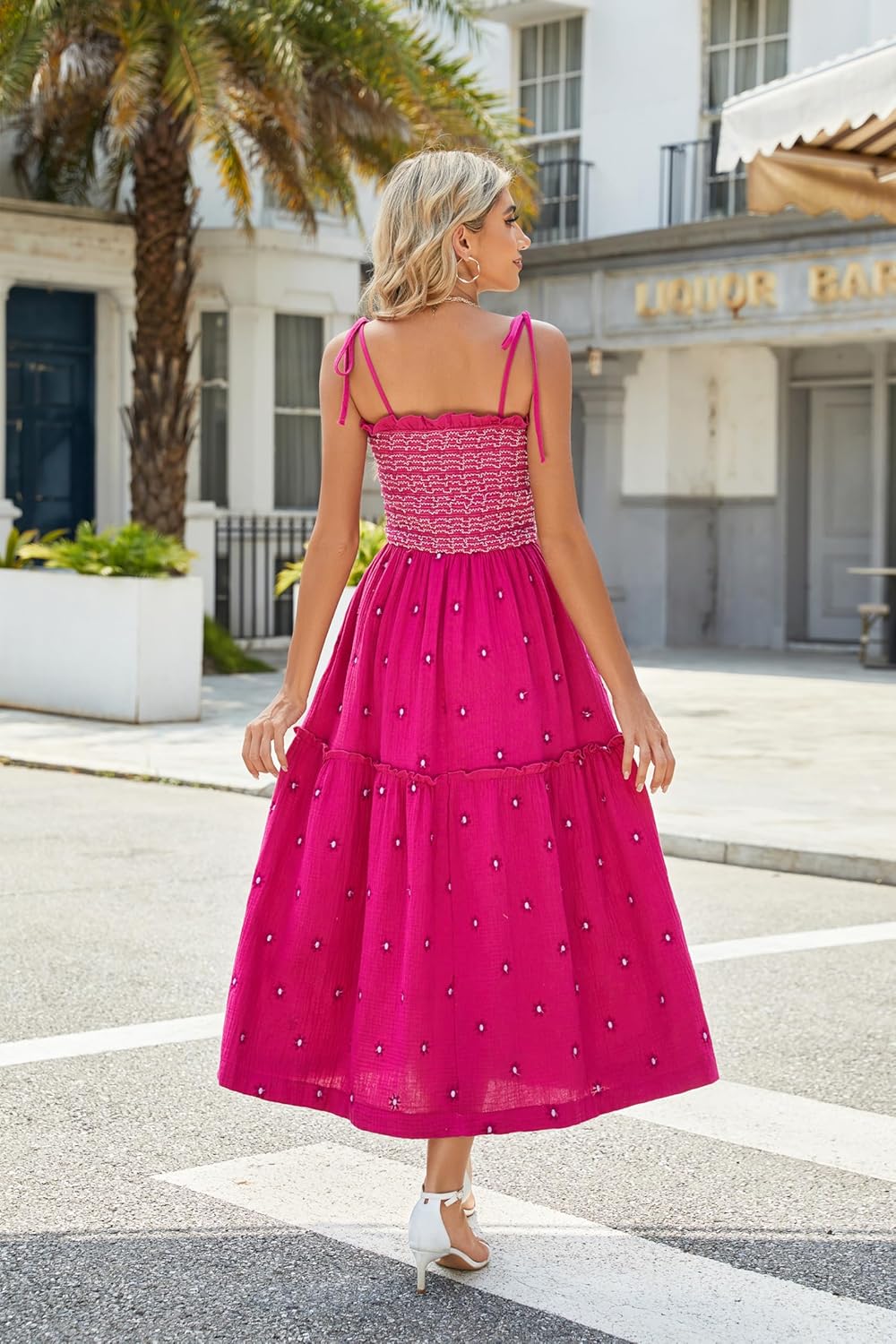 Women Floral Embroidered Maxi Dress Sleeveless Tie Shoulder Smocked Flowy Dress Boho Summer Sundresses with Pockets