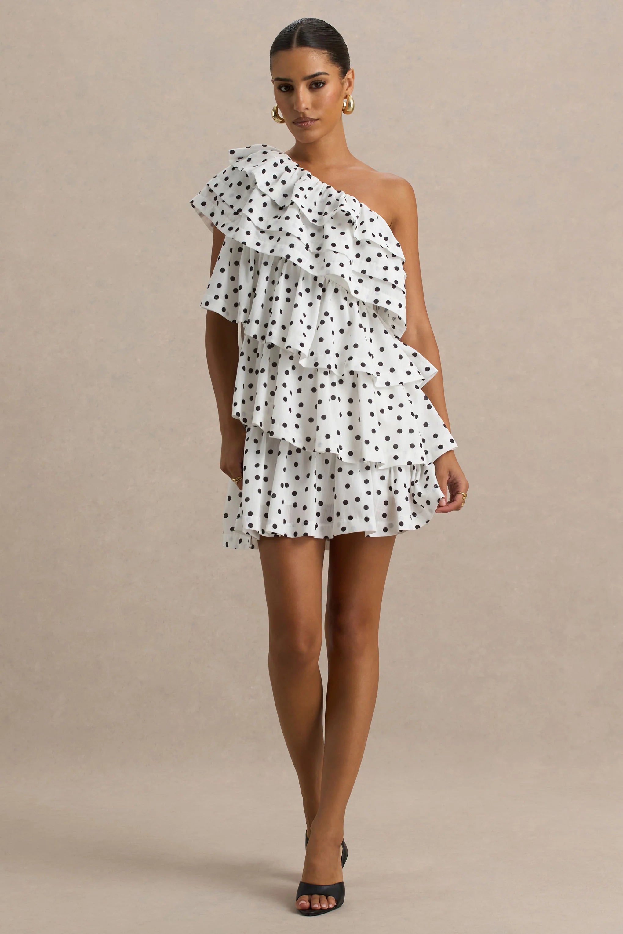 Orla White Polka Dot Asymmetric Ruffled Mini Dress
