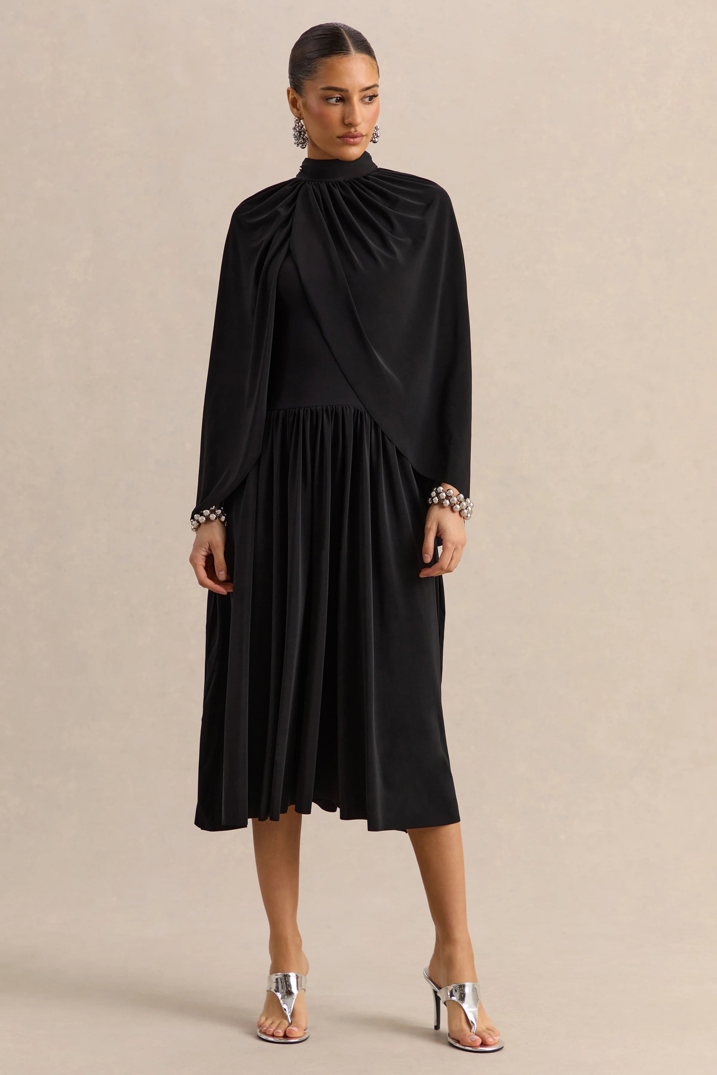 Honora Black High Neck Midi Dress With Cape Sleeves