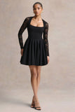 Elowen Black Square Neck Mini Dress With Lace Sleeves