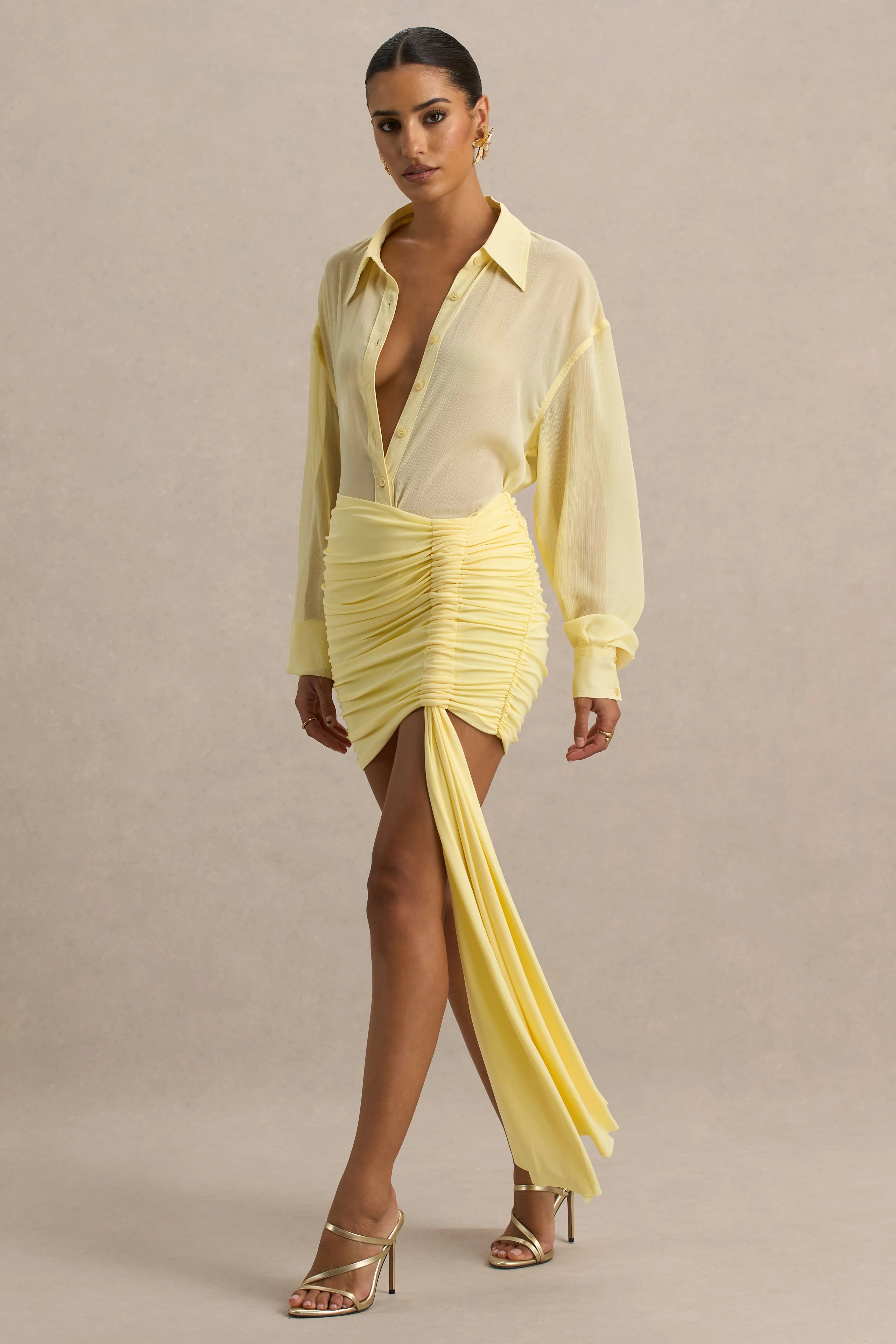 Katelyn Lemon Ruched Wrap Mini Skirt With Sash