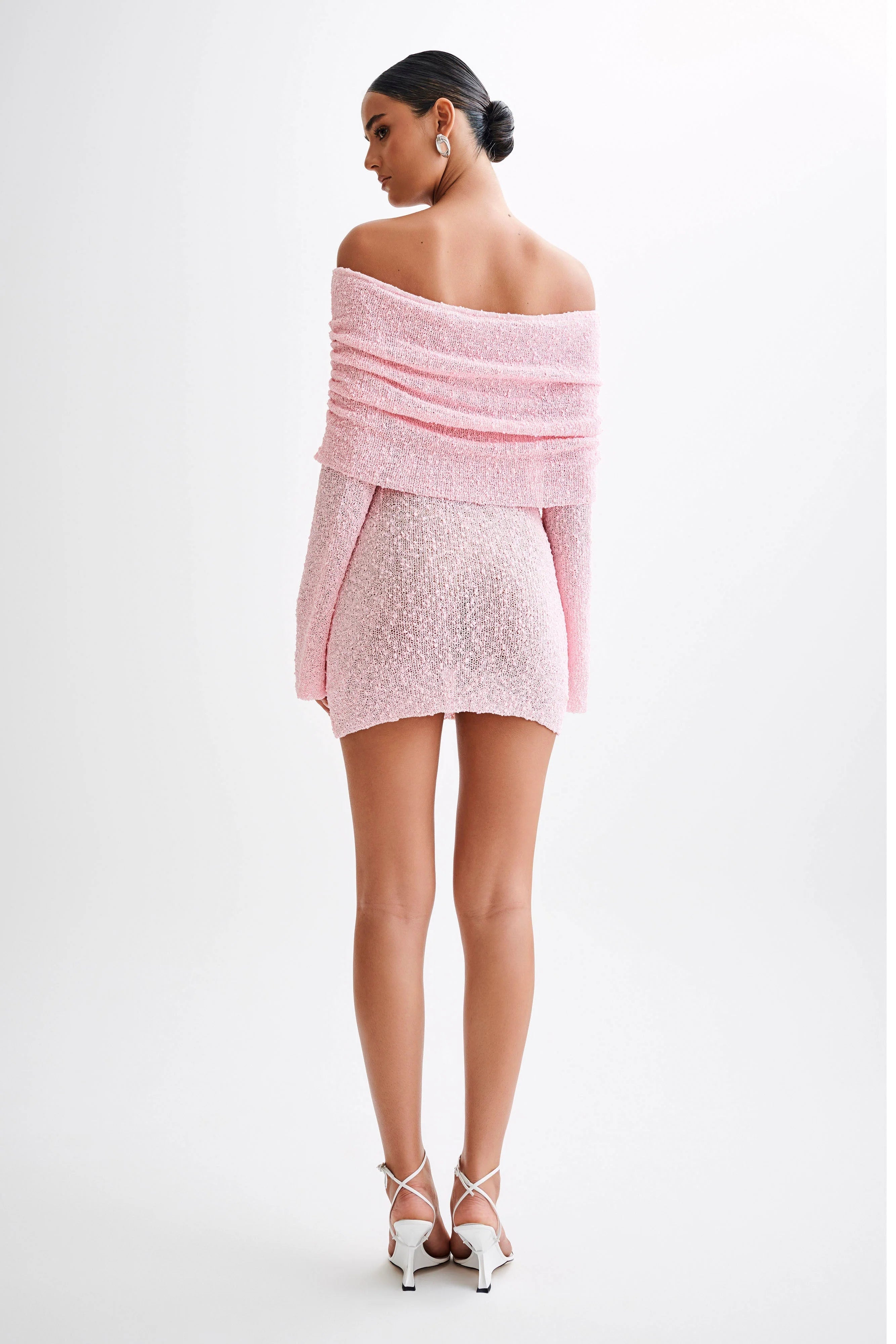Marisol Off Shoulder Boucle Mini Dress Baby Pink