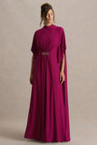 Olessia Burgundy Belted Gathered Cape Sleeve Maxi Dress