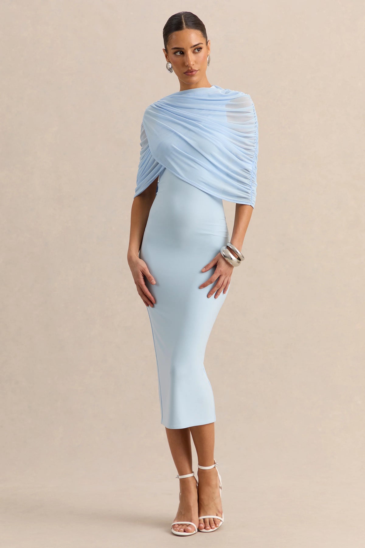 Mirana Powder Blue High Neck Midi Dress