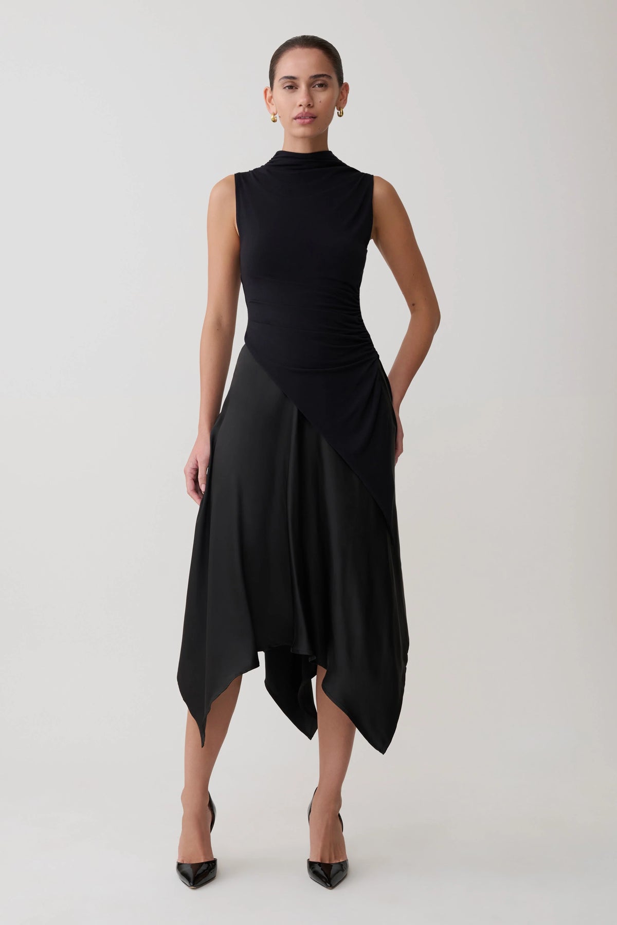 Coralie Asymmetric Satin Midi Skirt Black