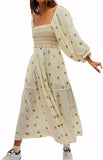 Women Floral Embroidered Maxi Dress Long Puff Sleeve Square Neck Bohemian Flowy Dress with Pockets Summer Fall