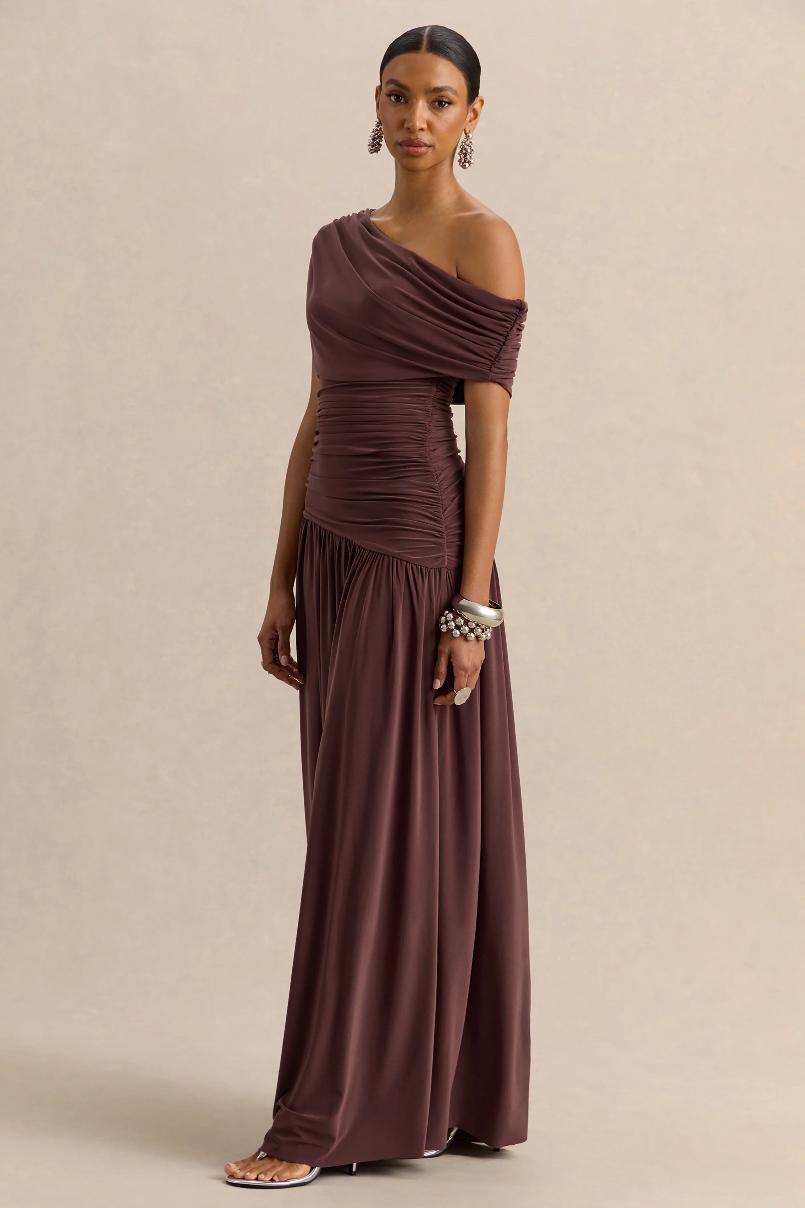 Emberly Brown Draped Asymmetric Neck Maxi Dress With Drop Waist