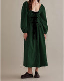 Women Plaid Maxi Dress Long Puff Sleeve Square Neck Flowy Boho Dress Bow Tie Smocked Fall Dresses