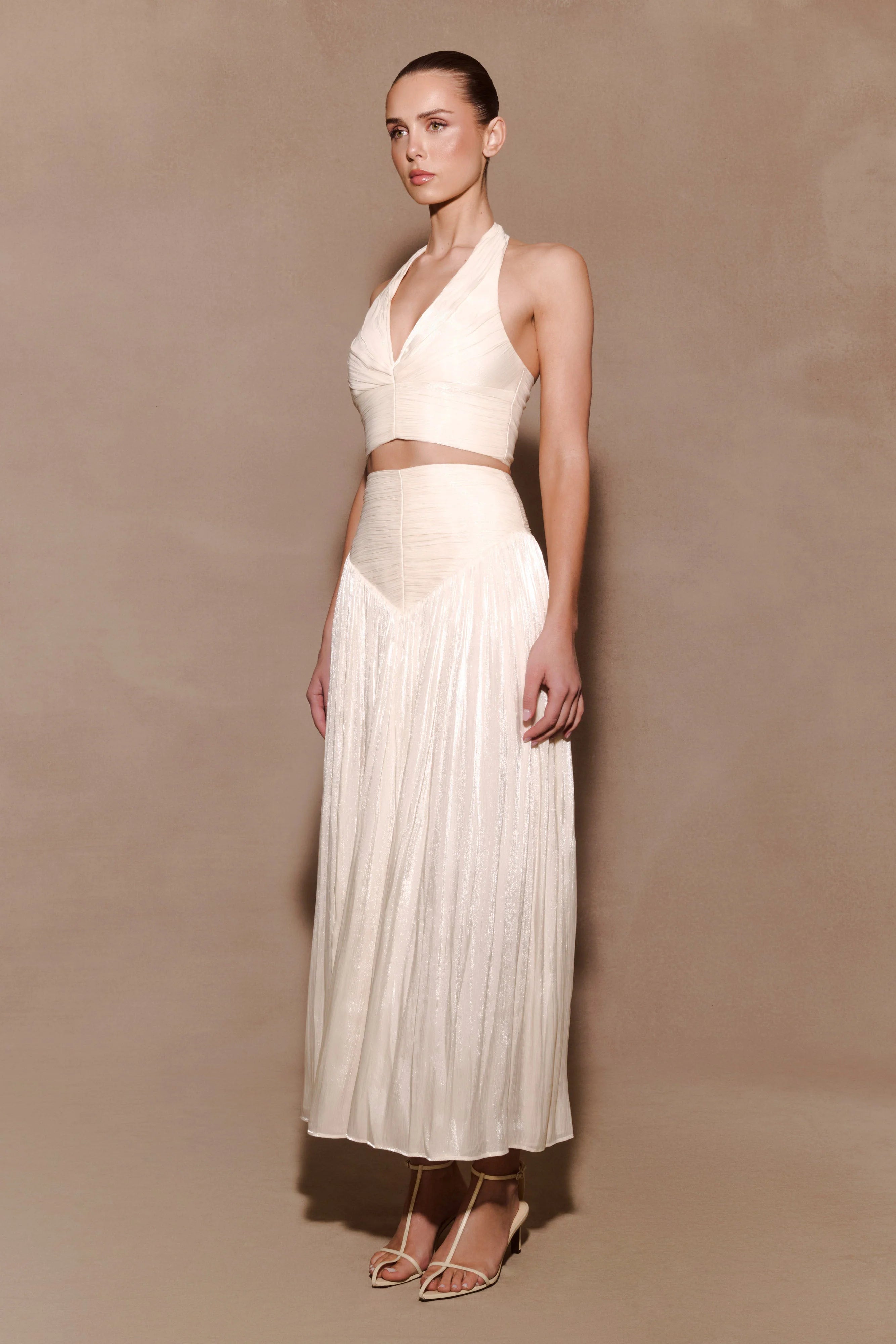 Makena Gathered V Neck Top Opal White