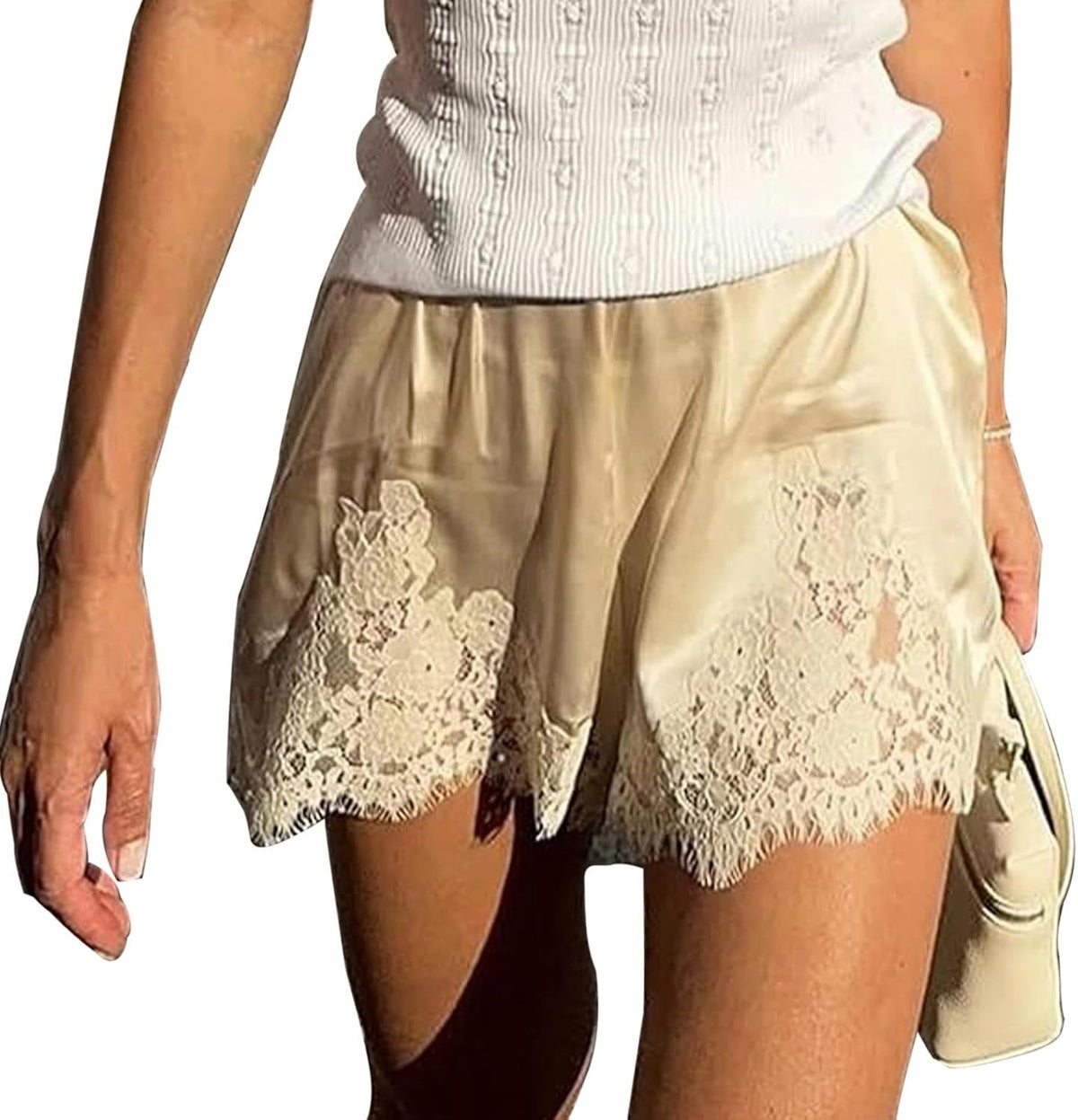 Women Satin Lace Shorts Silky Pajama Lounge Shorts Elastic Waist Chic Sleepwear Bottoms