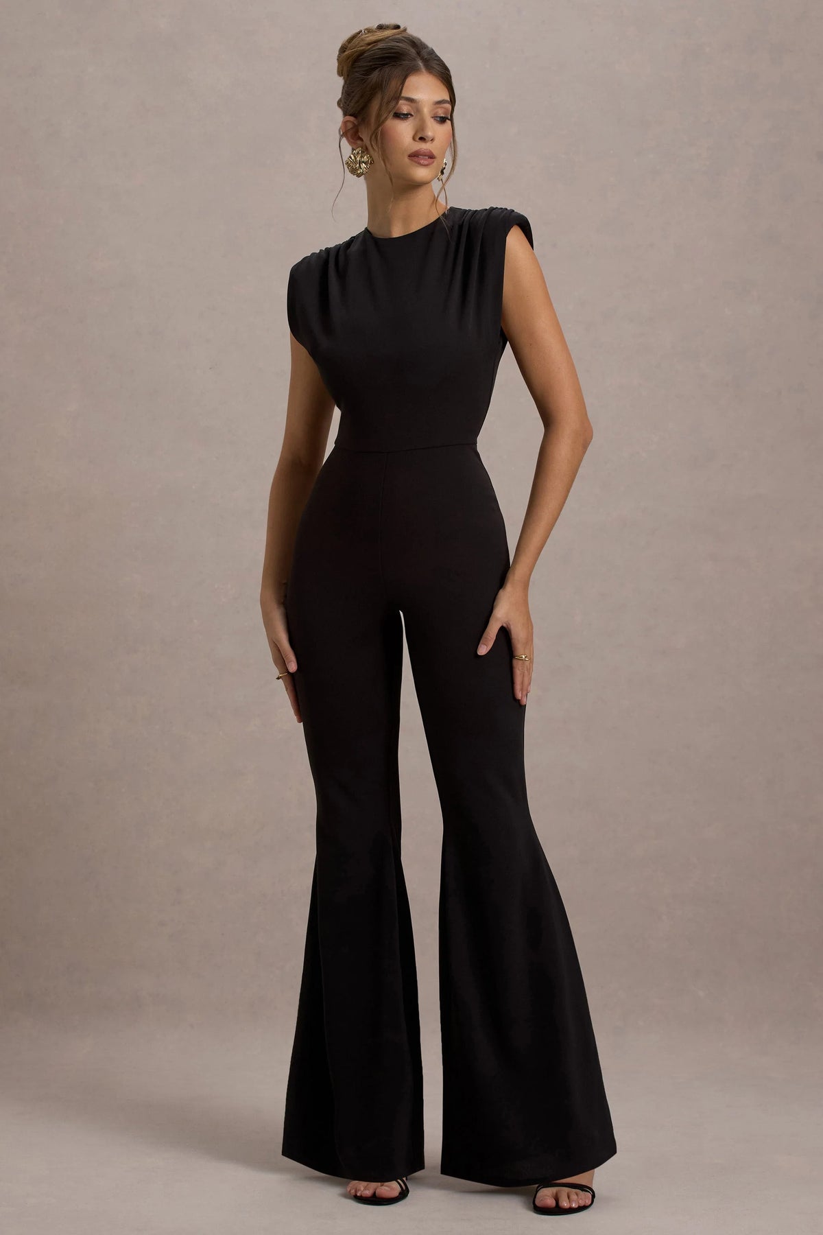 Elyna Black High Neck Draped Flared Leg Jumpsuit
