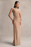Solene Brown High Neck Maxi Dress With Wrap And Drape Detail