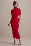 Enchant Red Asymmetric Twisted Cape Midi Dress