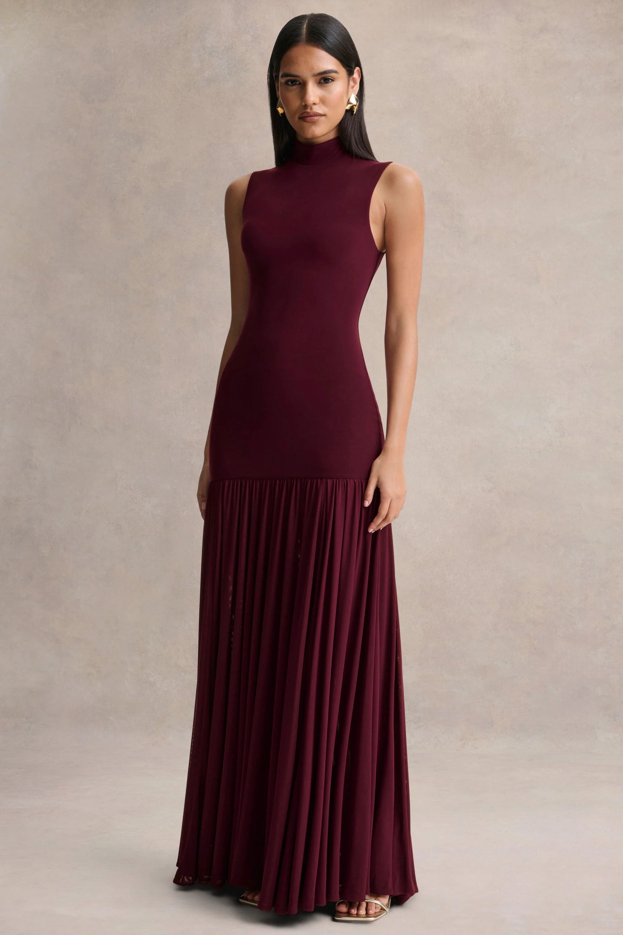 Gigi Burgundy High Neck Maxi Dress With Drop Waist And Sheer Skirt