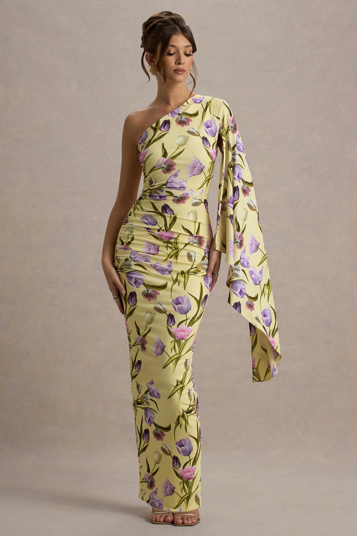 Clementina Tulip Floral Print Asymmetric Cape Sleeve Maxi Dress
