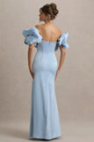 Allie Powder Blue Puff Bardot Maxi Dress