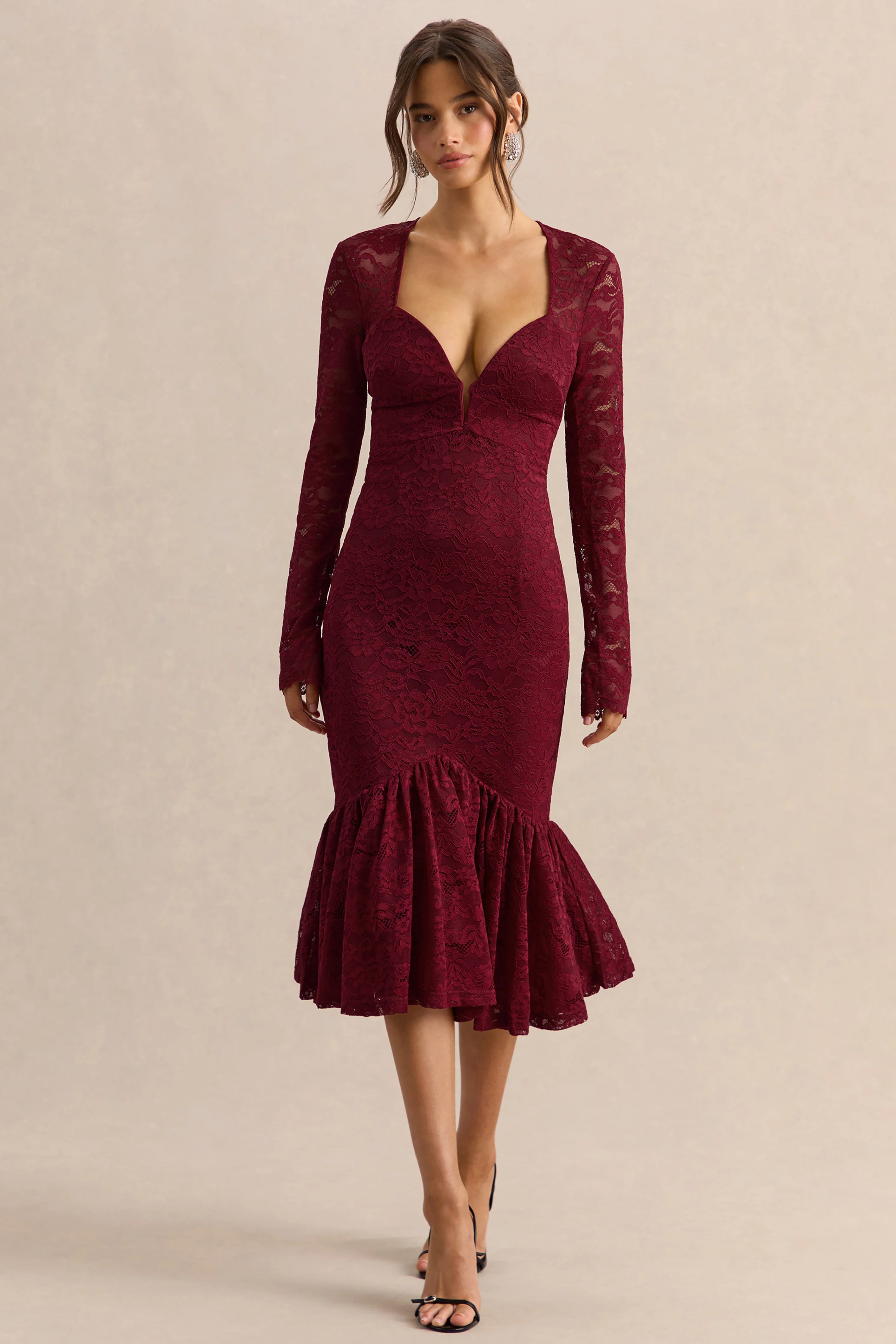 Camilly Burgundy Lace Plunge Neck Mermaid Midi Dress