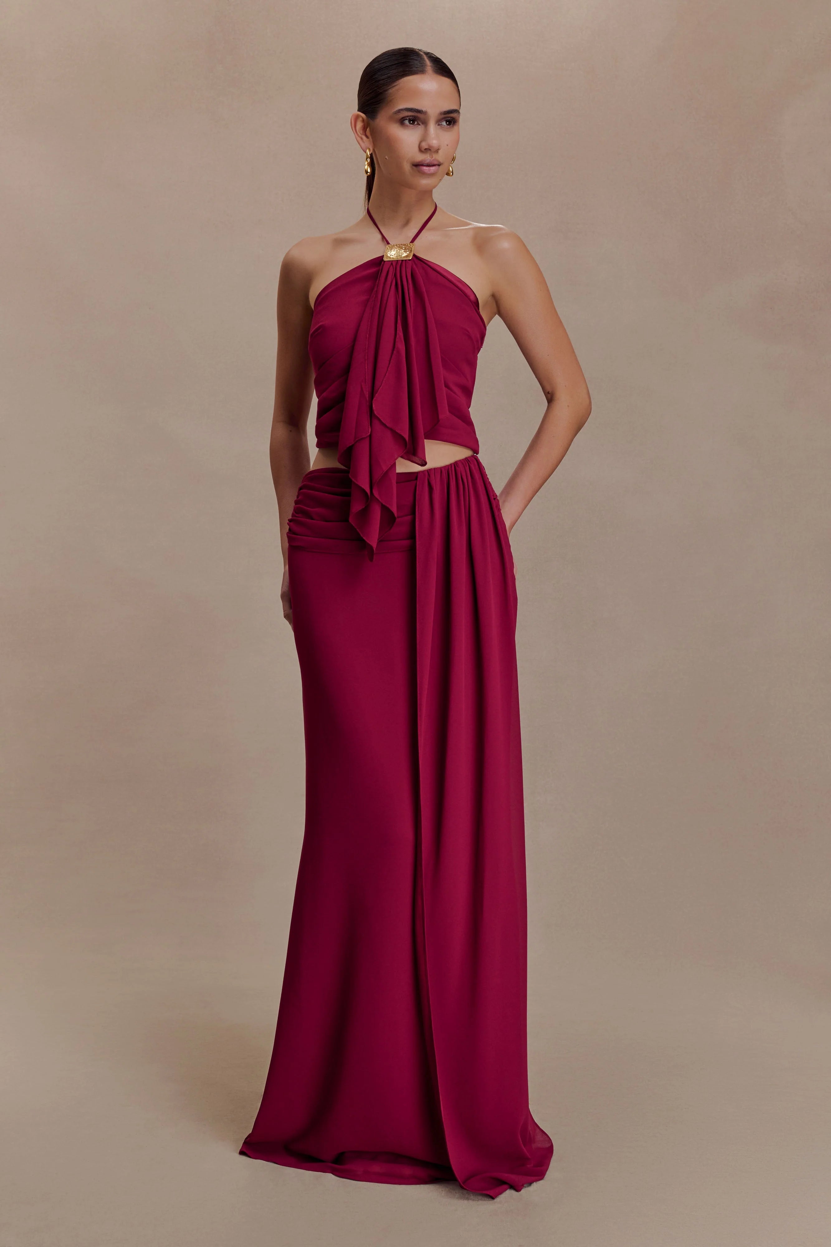 Celina Chiffon Overlay Maxi Skirt Cherry Red