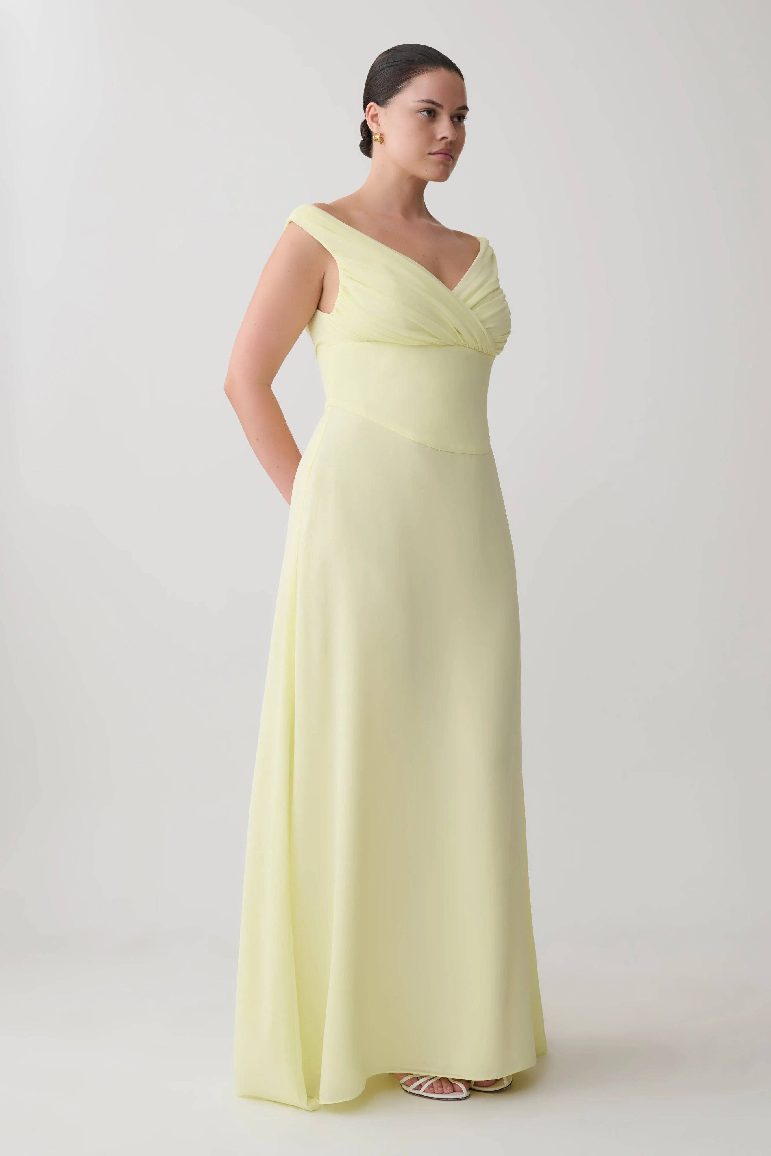 Mabel Off Shoulder Chiffon Maxi Dress Lemon