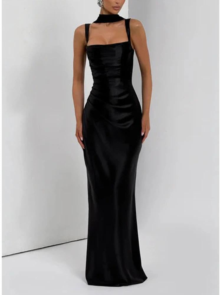 Women Wedding Guest Dress Satin Corset Top Elegant Maxi Dresses with Sheer Scarf Evening Gown
