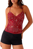 Women Sequin Beaded Cami Top V Neck Backless Criss Cross Straps Crop Tops Summer Going Out Clubwear
