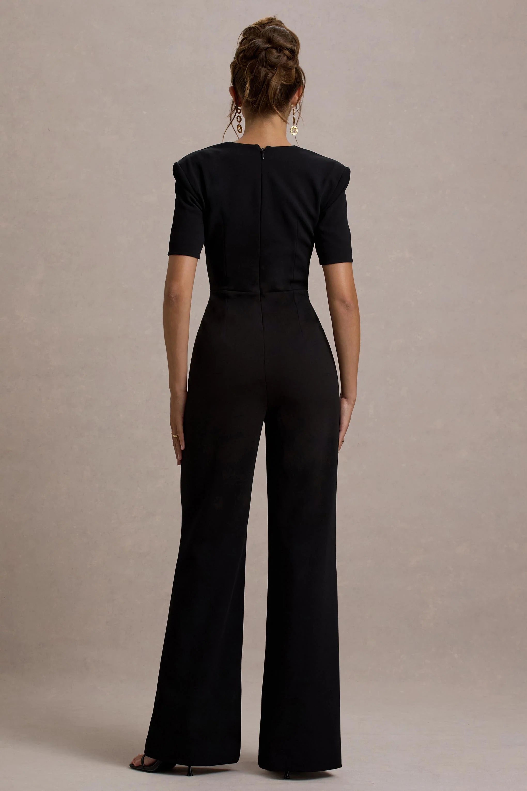 Simone Black Sweetheart Short Sleeve Wide Leg Jumpsuit