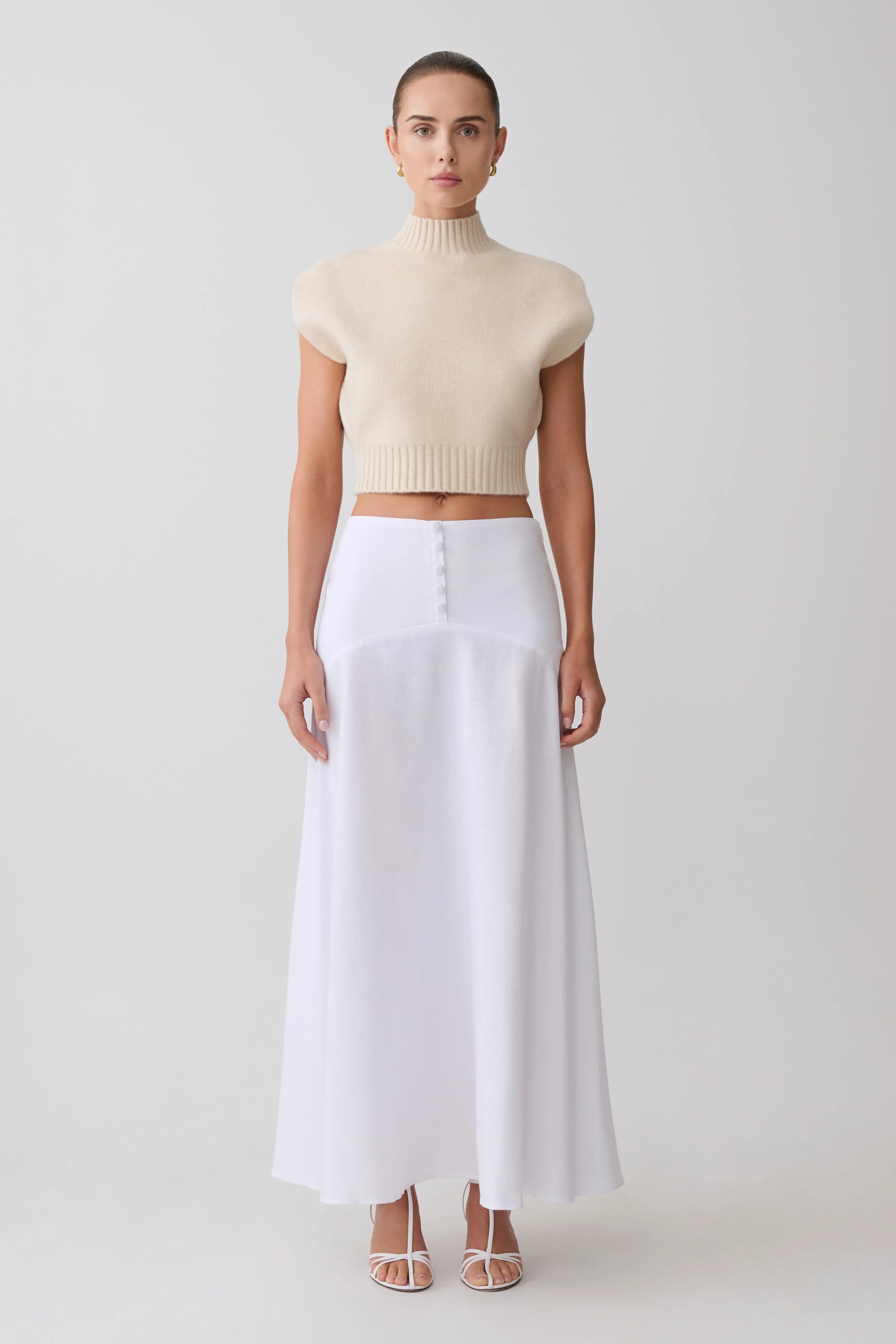 Selma Curved Waist Midi Skirt White