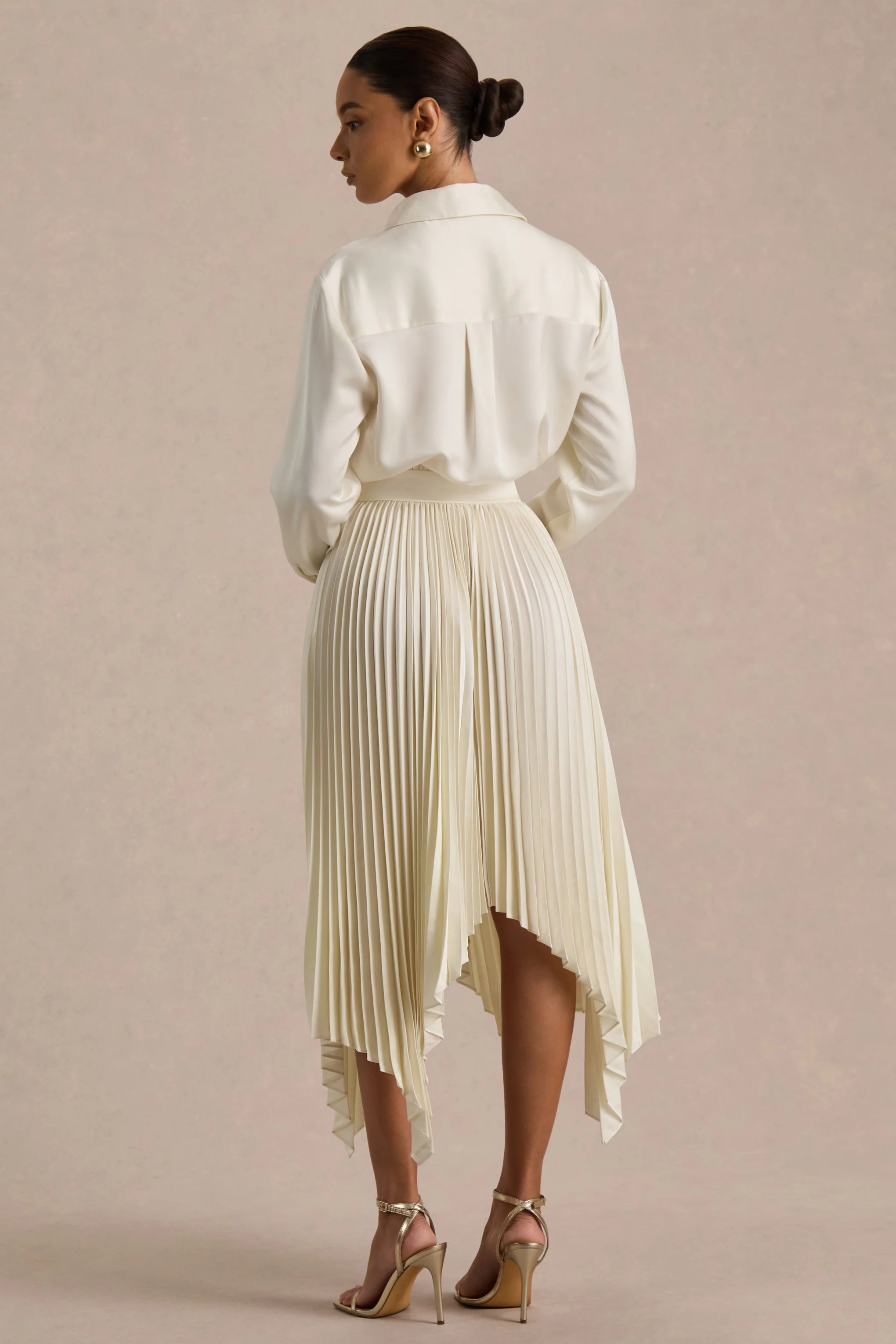 Naxos Cream Satin Shirt Maxi Dress With Pleated Skirt