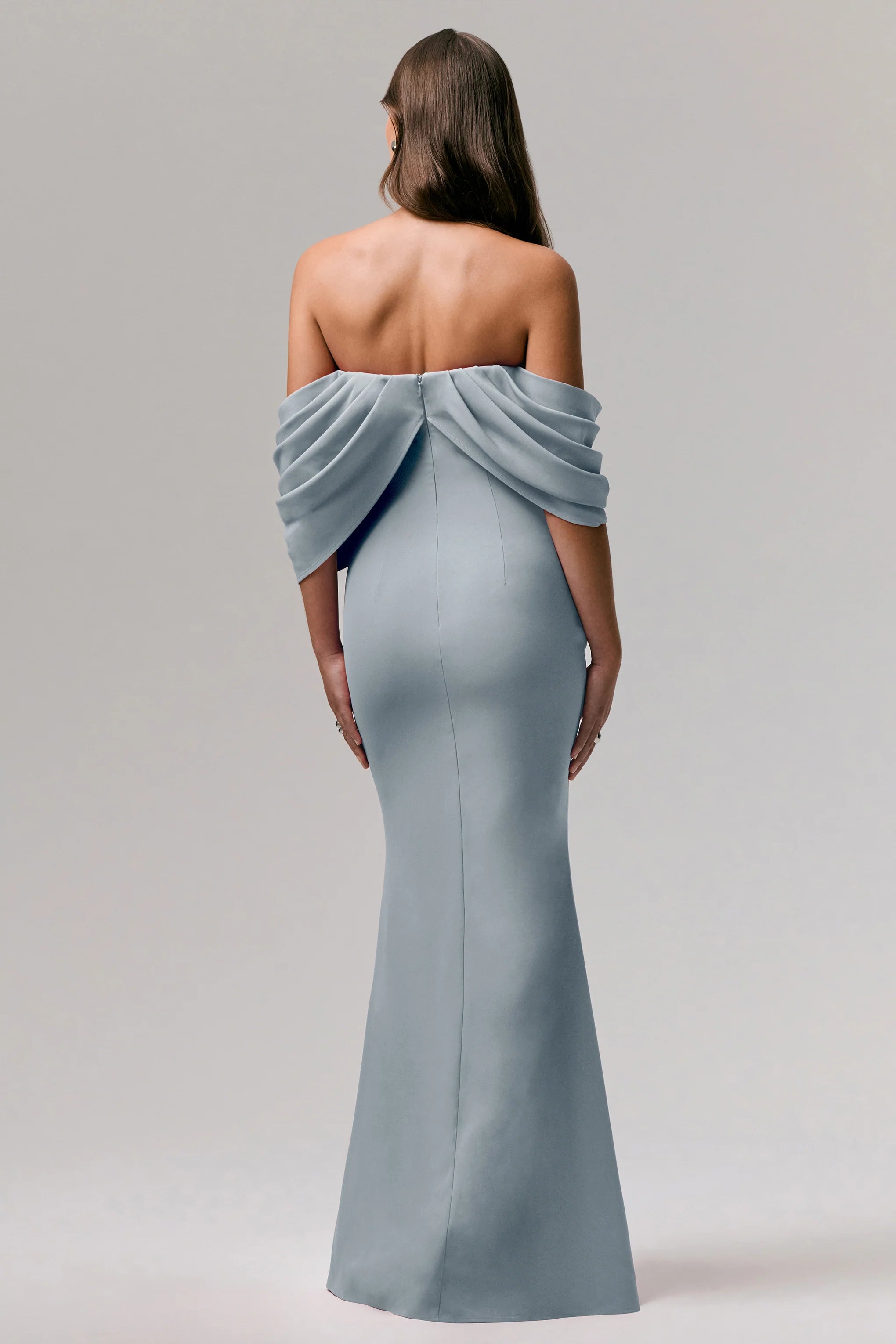 Serene Powder Blue Draped Bardot Maxi Dress