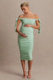 Chandelier Light Green Bardot Maternity Midi Dress With Bow Details